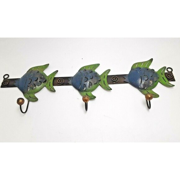 Tropical Fish Metal Wall 3 Hook Blue Green Cabin Cottage Lodge - Picture 1 of 7